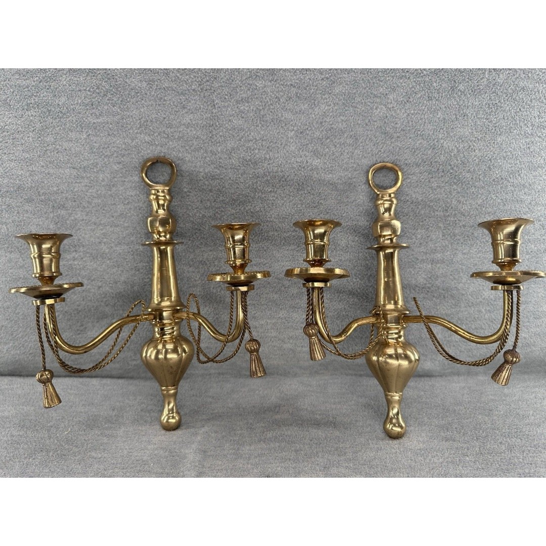 Vintage Solid Brass Double Arm Candlesticks Rope & Tassels Wall Sconces OR