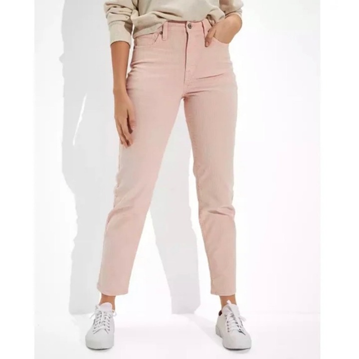 American Eagle High-Rise Mom Straight Jean Corduroys in Blush 4 Long