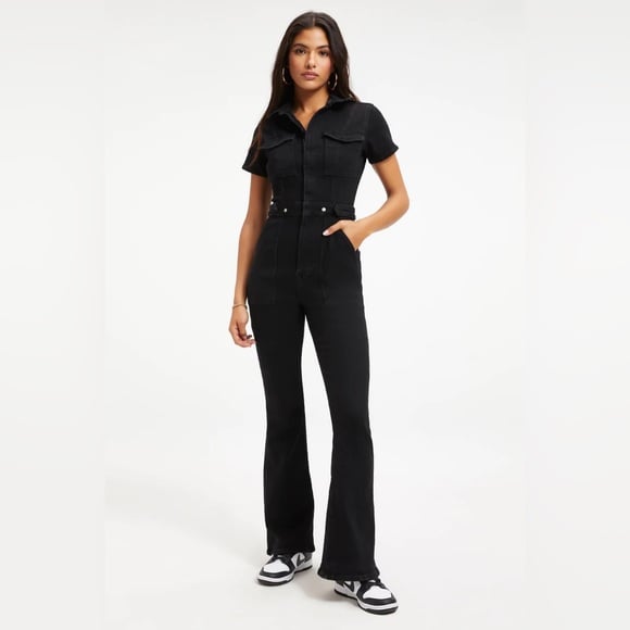 Good American Fit For Success Bootcut Utility Denim Jumpsuit in (BLACK) (0)