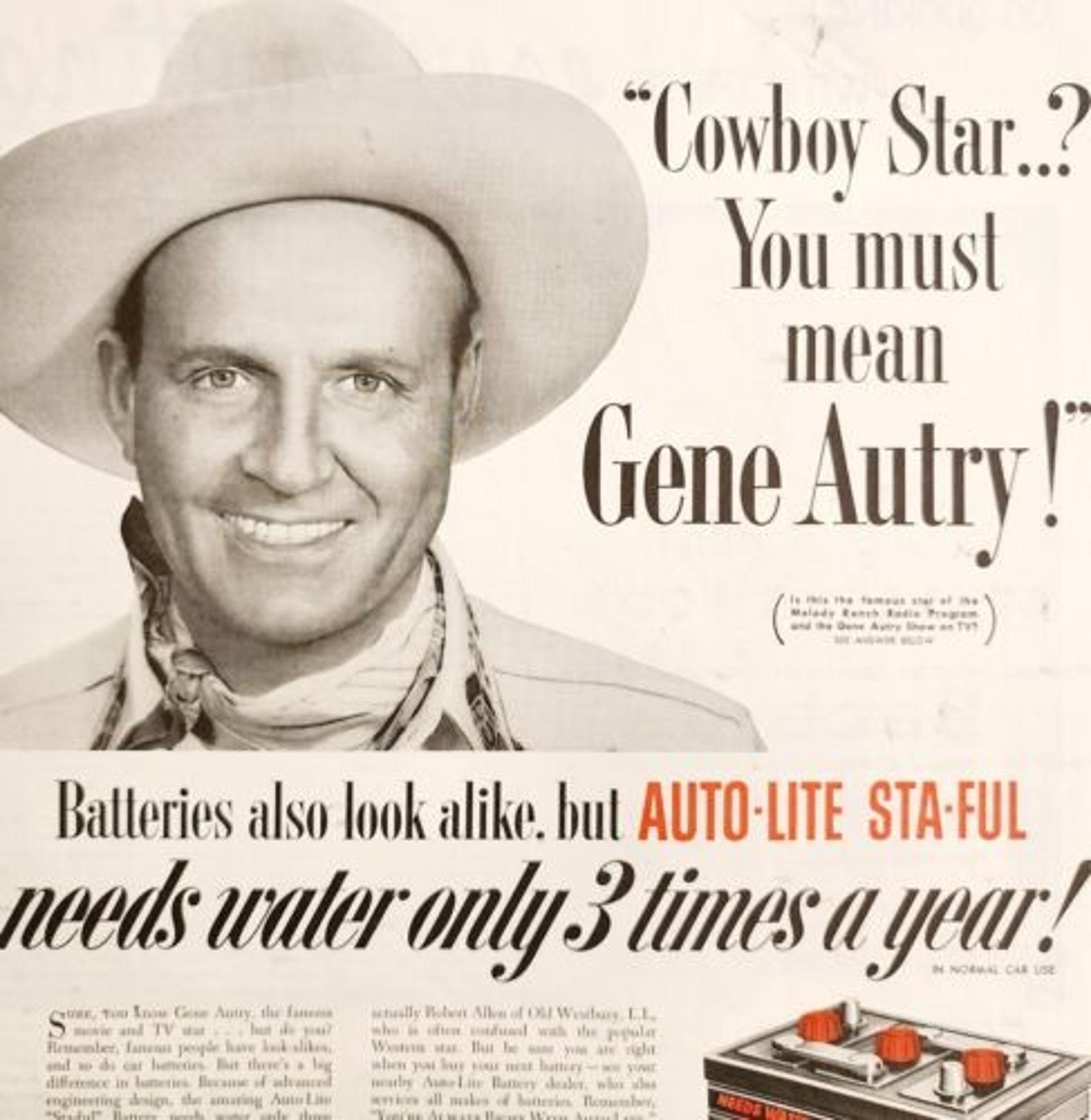 1953 Auto Lite Bettery Gene Autry Sta Ful Advertisement Automobilia HM2B