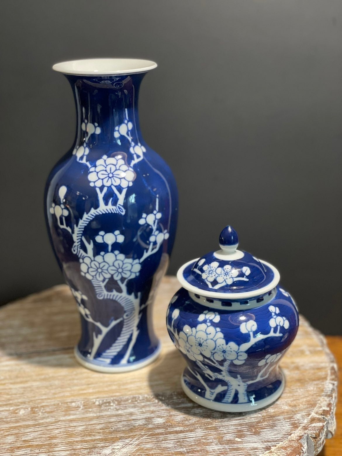 Vintage Chinese Blue & White Cherry Blossom Porcelain Vase & Ginger Jar Kangxi