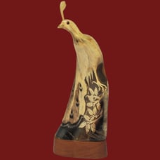 VINTAGE HAND CARVED BONE PEACOCK SCULPTURE CARVED ON HORN