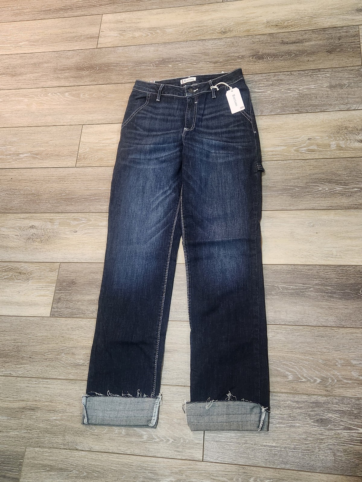 Morrison Dark Wash Midrise Straight Cargo Jeans With Raw Hem Wide Cuffs Size 26