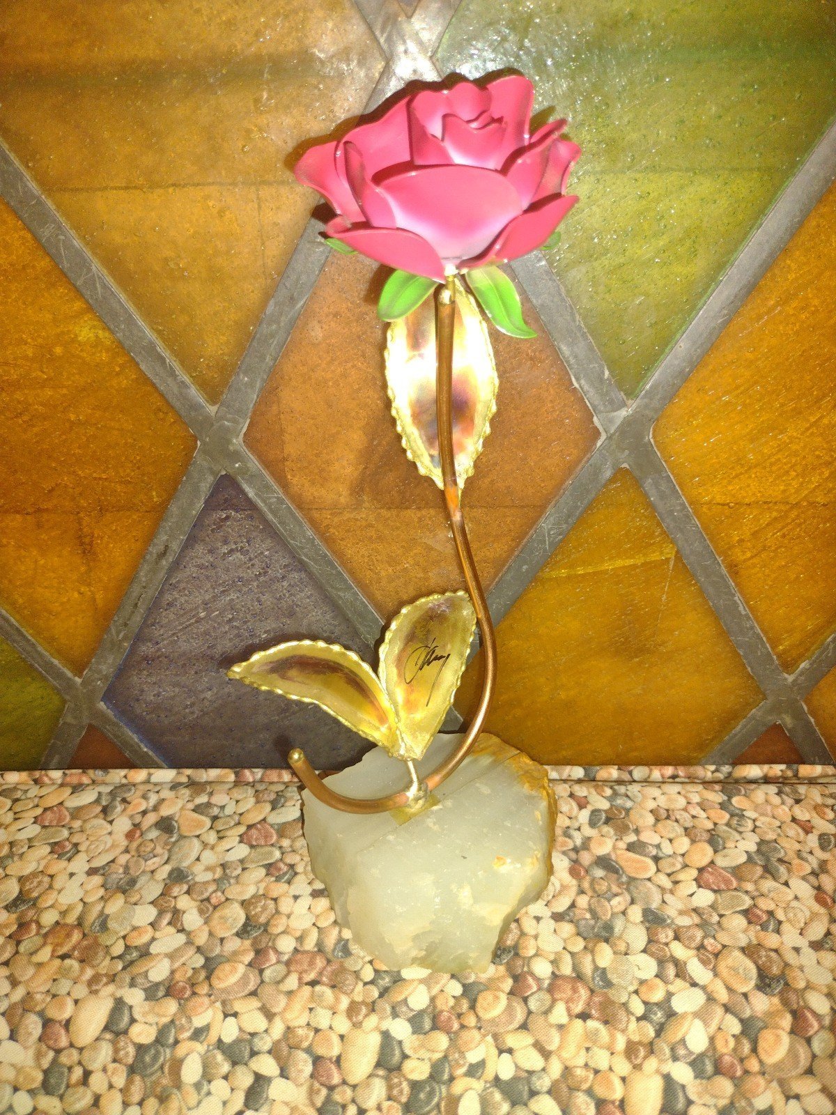 C JERE MID CENTURY MODERN COPPER METAL PINK ROSE ON ONYX CRYSTAL STONE SCULPTURE