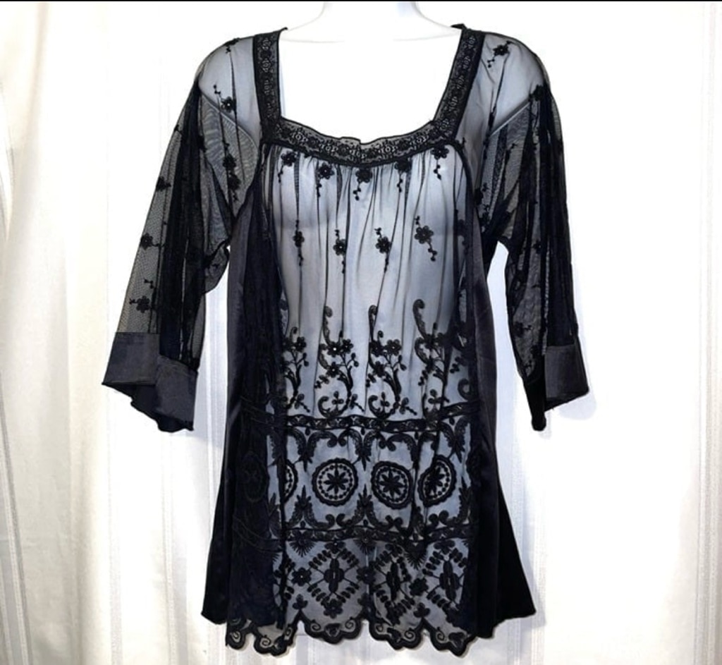 NWOT Johnny Was 4 Love + Liberty Sheer Black Lace Tunic Top, Small
