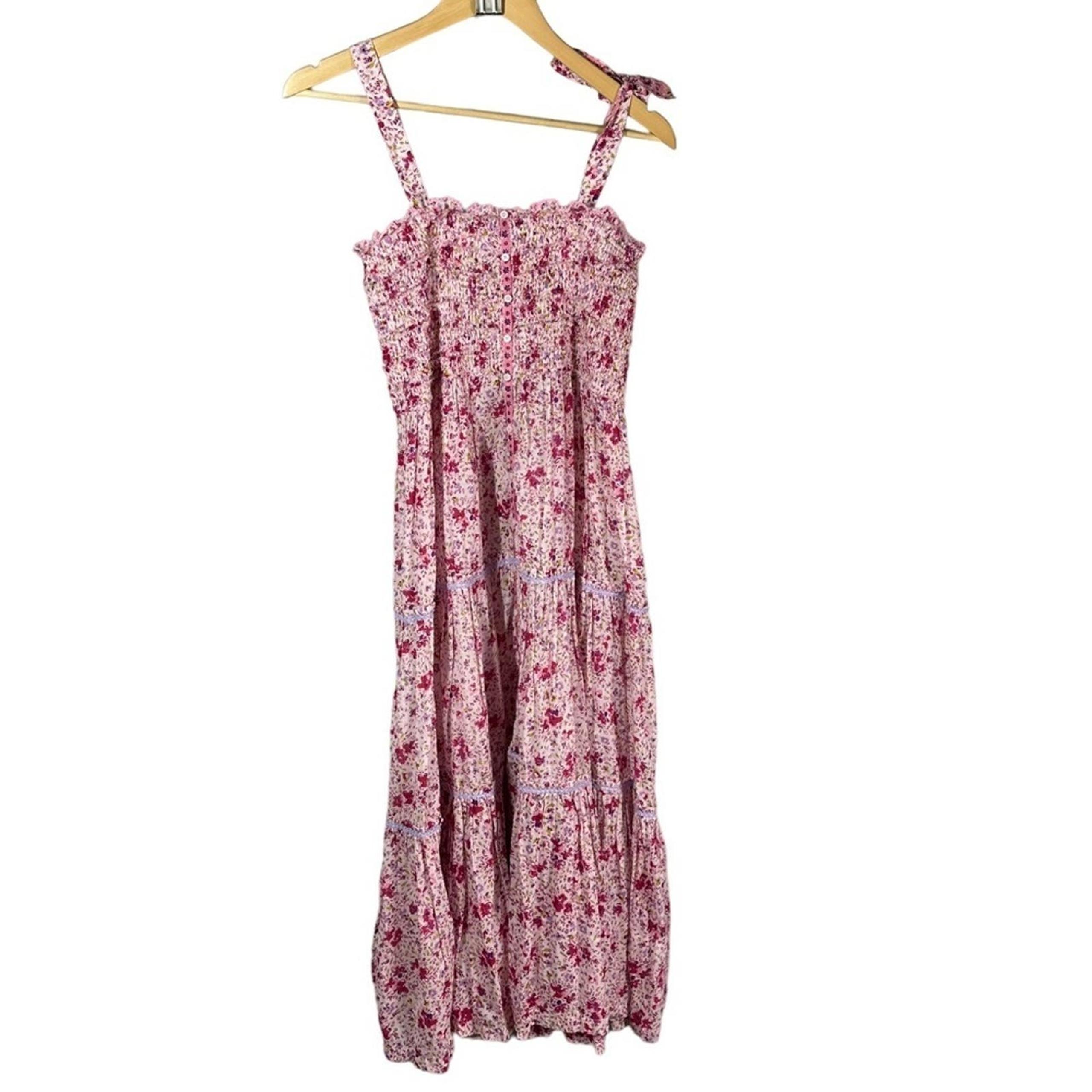 Poupette St Barth Triny Smocked Midi Dress Size Large Pink Watercolor