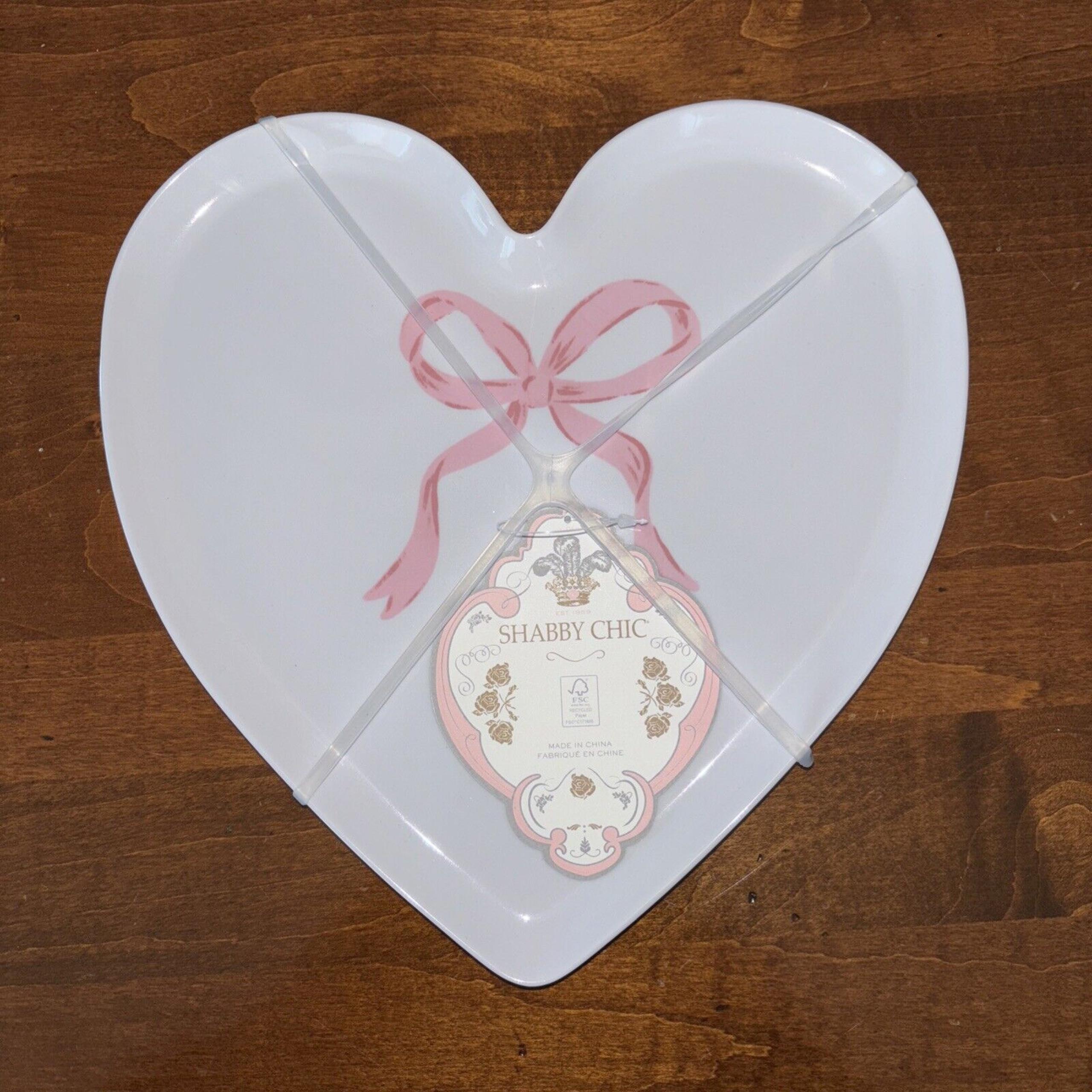 Shabby Chic Bow Heart Shaped Melamine Dinner Salad/App/Dessert Plates Set 4