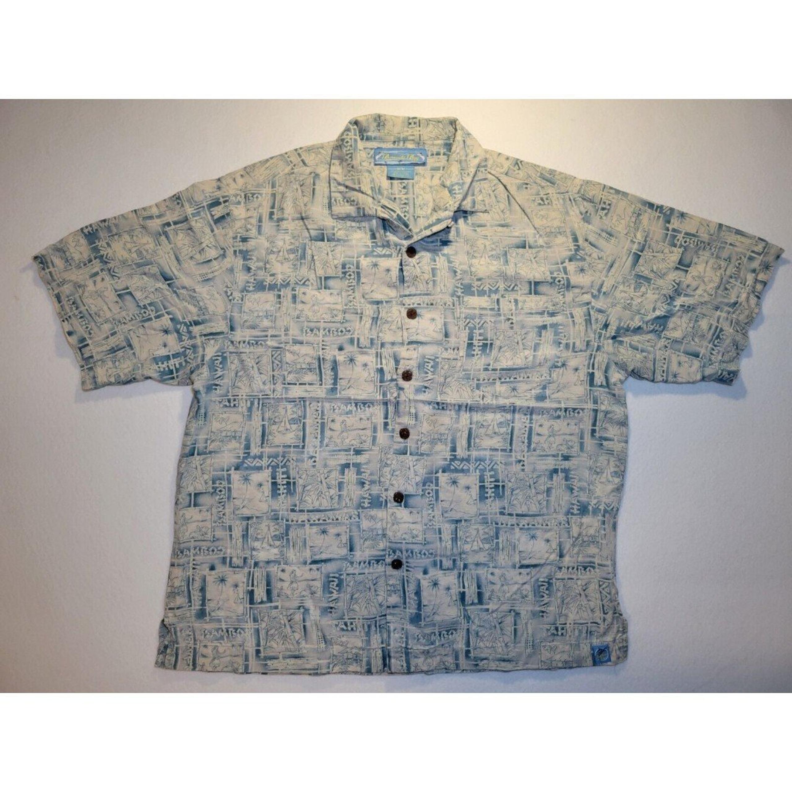 Vintage Bermuda Bay 100% Silk Hawaiian Bamboo Palm Tree Button Shirt Mens M Blue
