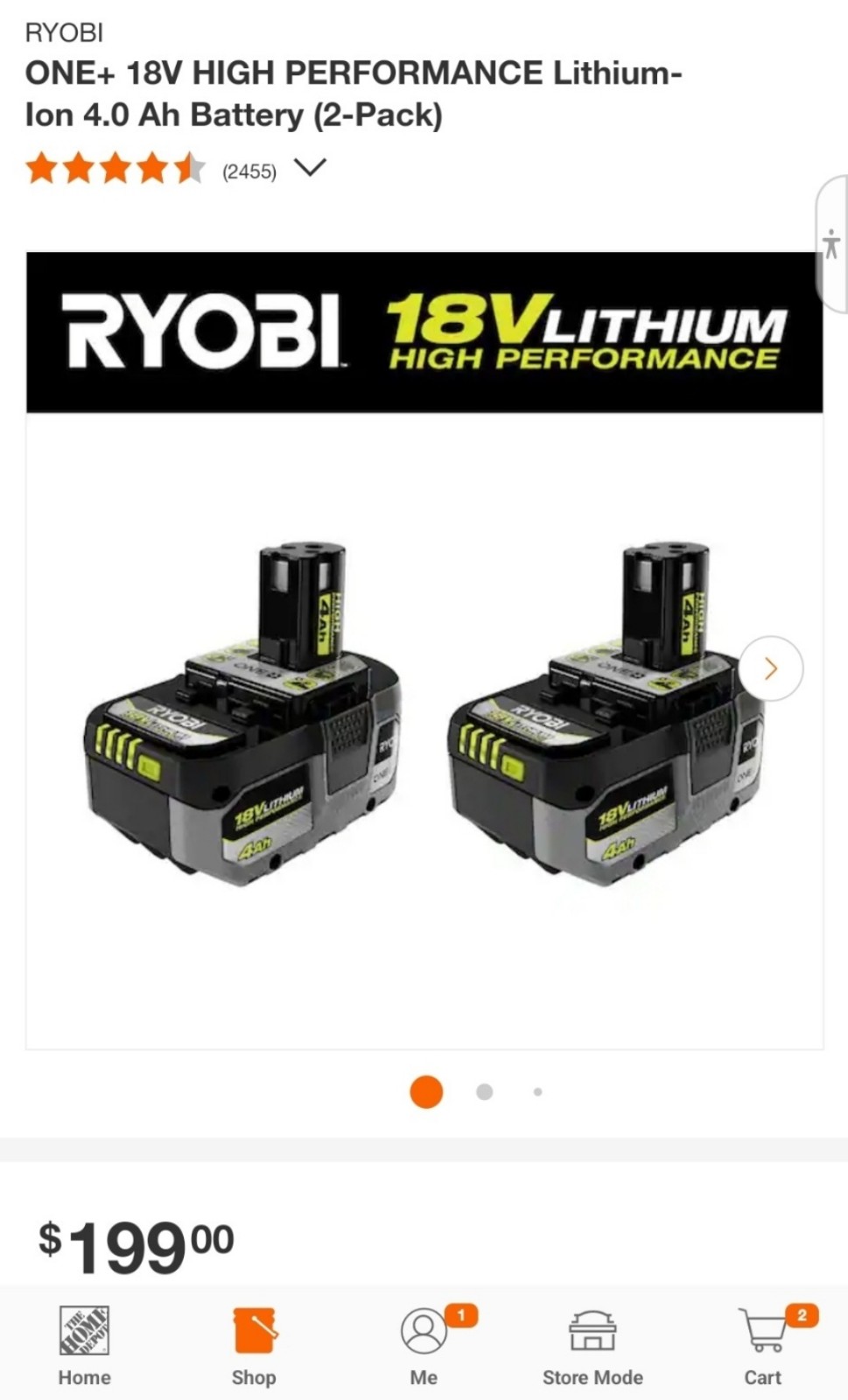⭐️NEW⭐️ RYOBI ONE+ 18V HIGH PERFORMANCE Lithium-Ion 4.0 Ah Battery (2-Pack)