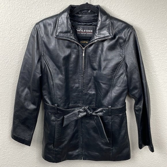 Wilsons Leather Belted Full Zip Jacket Black Thinsulate Lined Sz S