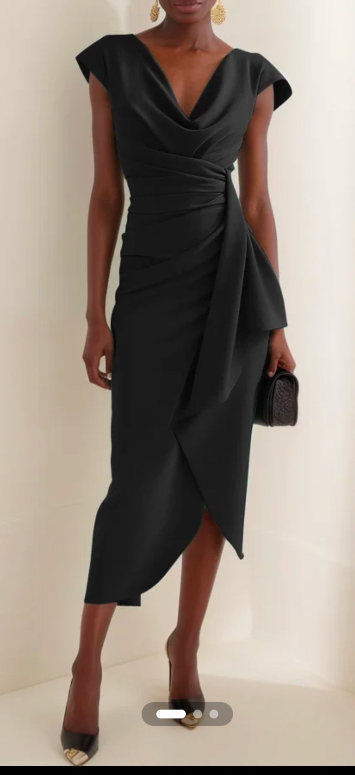 Black Cowl Neck Ruched Cap Sleeve Sheath Midi Dress