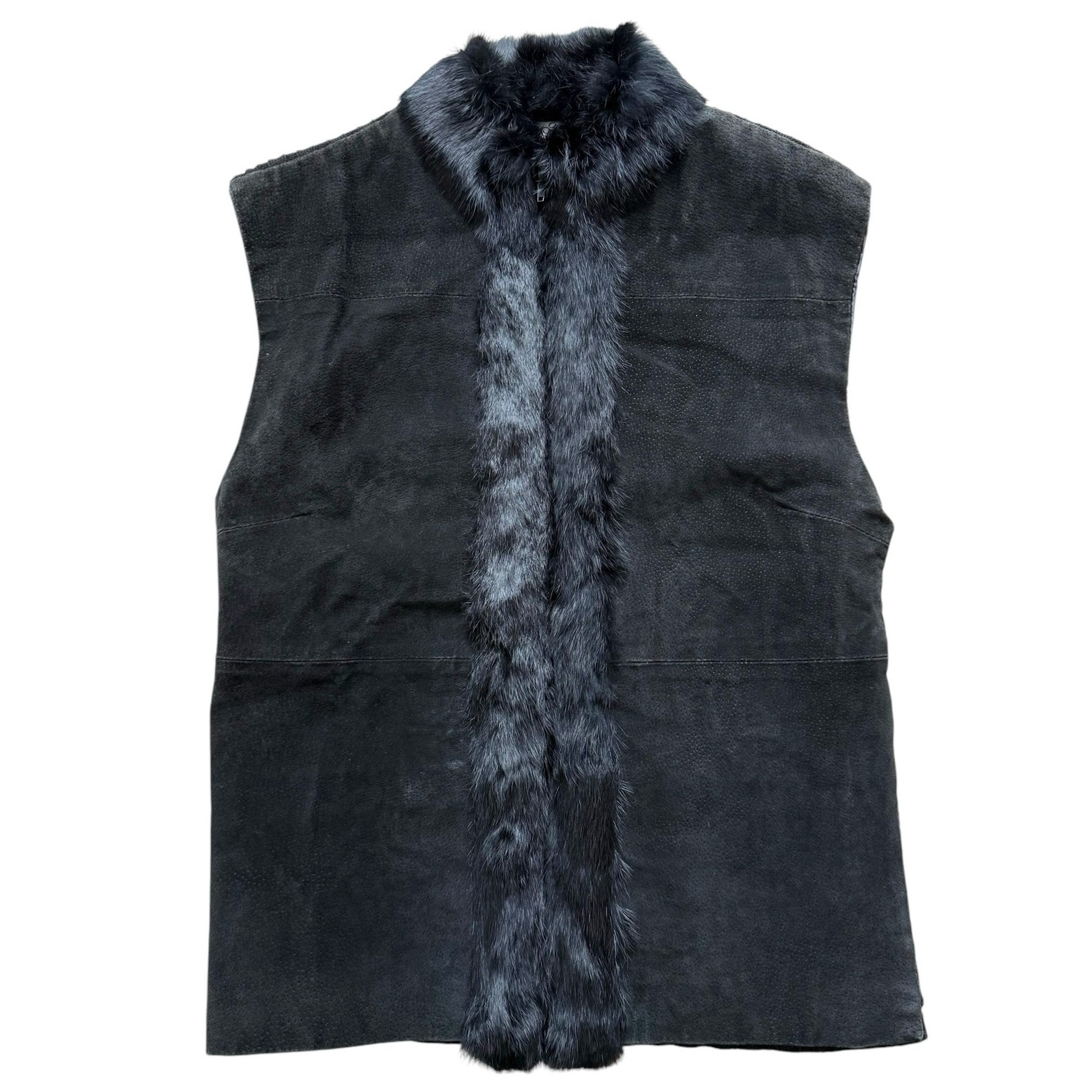 Vintage 80s Fredini Black Suede Leather Vest Rabbit Fur Trim Full Zip, Size XL