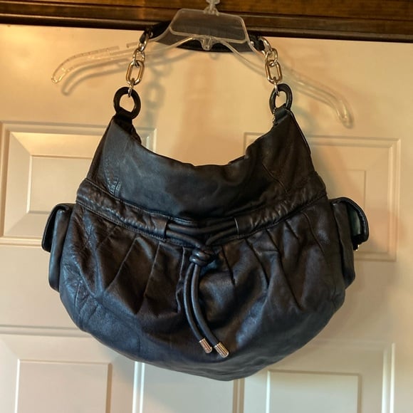 Coach Black Leather Hobo Bag with Twist Knot and Chain Details (ABBA)