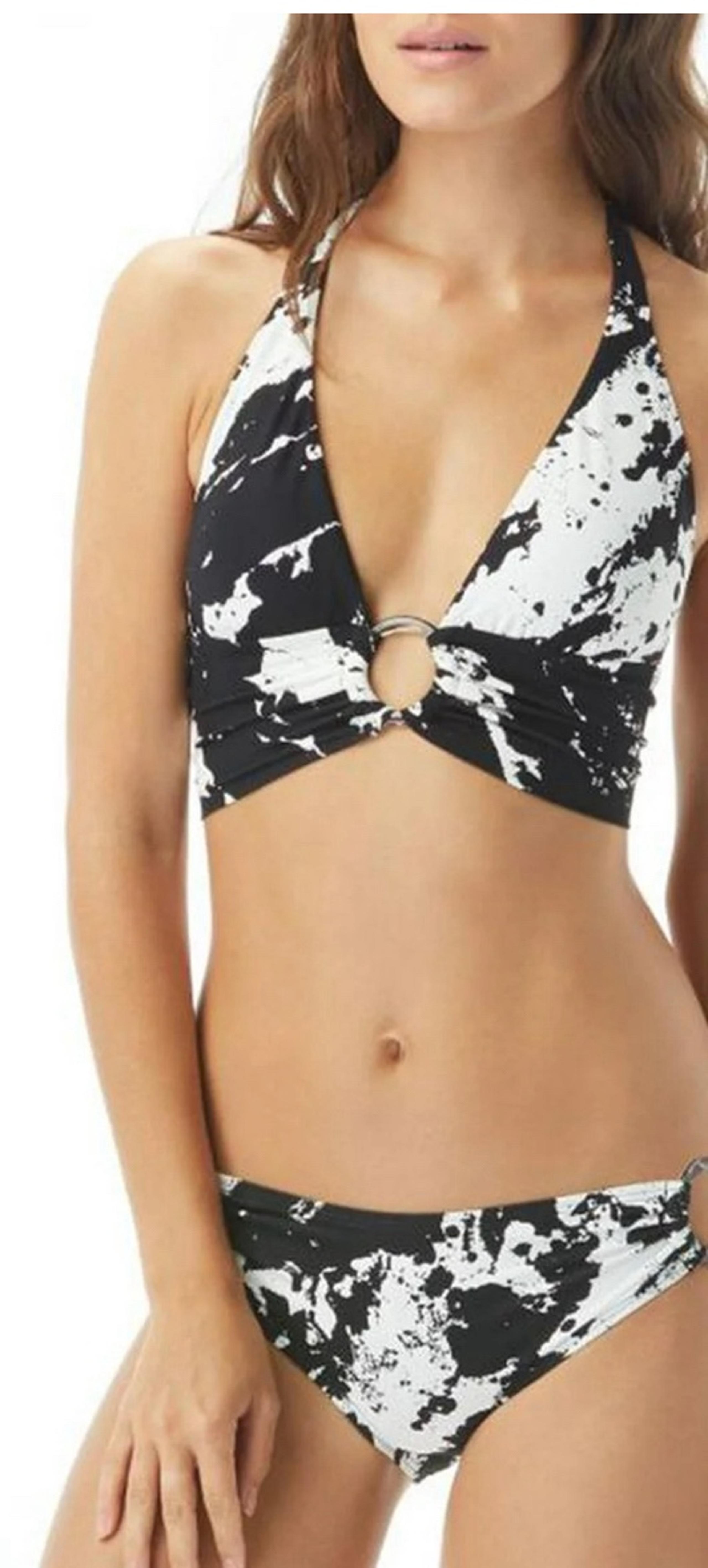 Carmen Marc Valvo BLACK MULTI Splash Printed O-Ring Halter Bikini Set EUC Size M