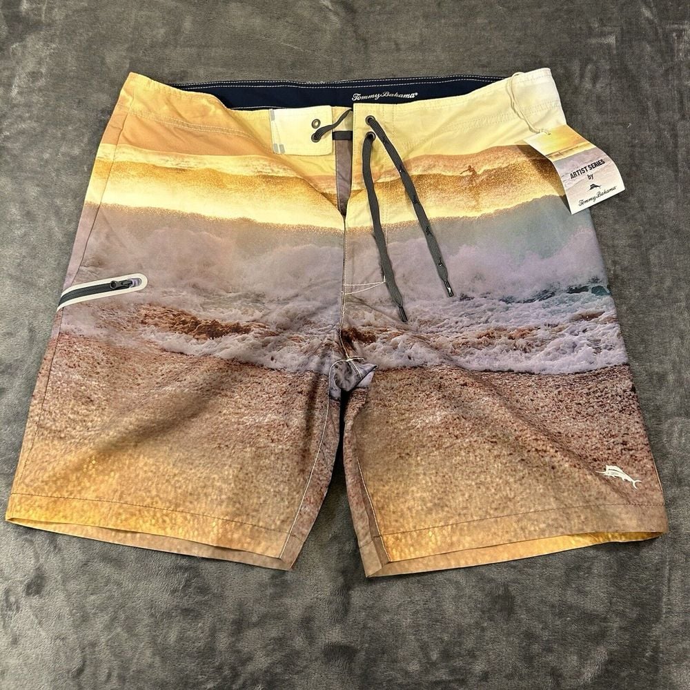 Tommy Bahama Board Shorts Mens 38 Yellow Blue Molokai Sunset Break Swim NEW