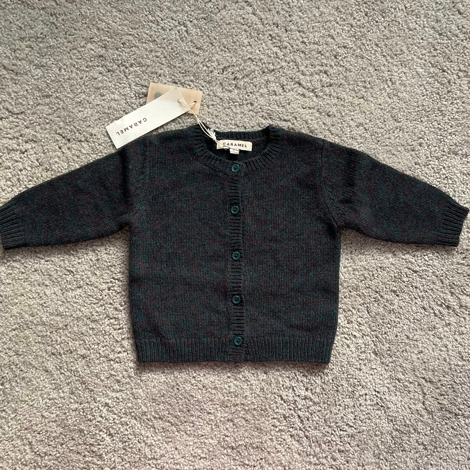 Retail 117 NWT Caramel UK Baby Wool Cardigan in Deep Forest Melange Size 6M