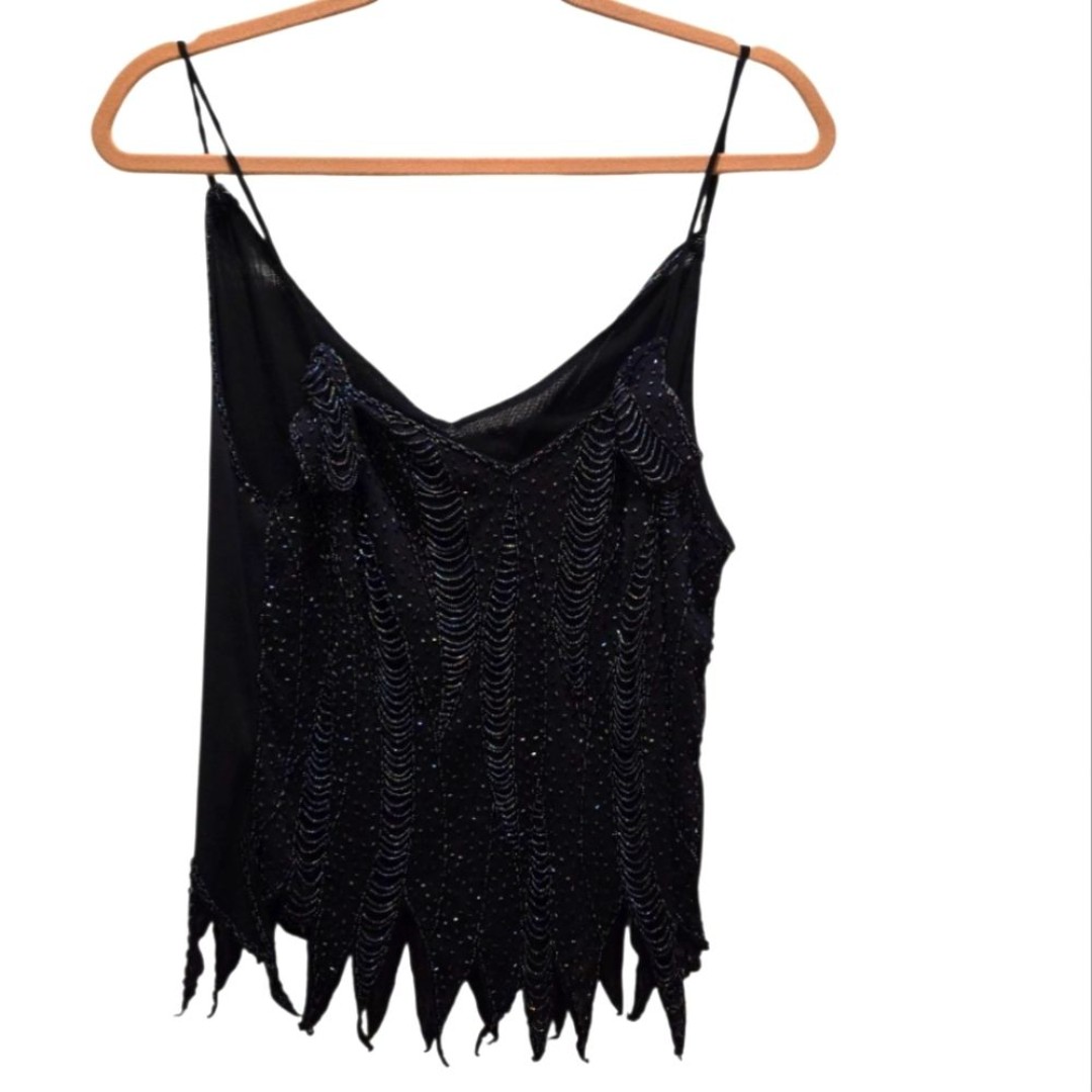 Vintage Y2K Top S VNeck Black Beaded Sleeveless Semi Sheer Fairy Jagged 20’s