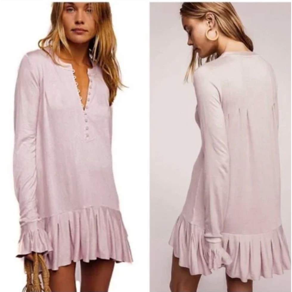 Free People Pink Long Sleeve Waffle Henley Knit Your Girl Tunic Dress S Small