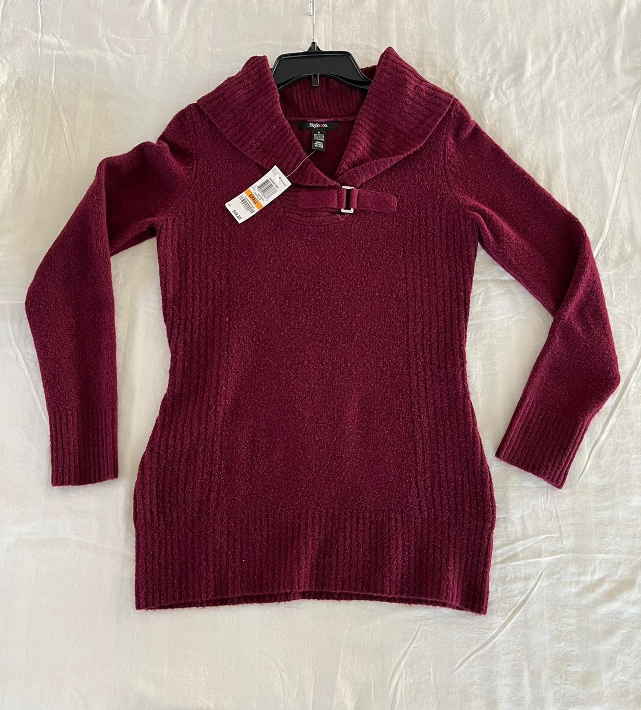 NEW W/TAGS Style & Co. Women's Shawl-Collar Tunic Sweater, Burgundy, Size Small