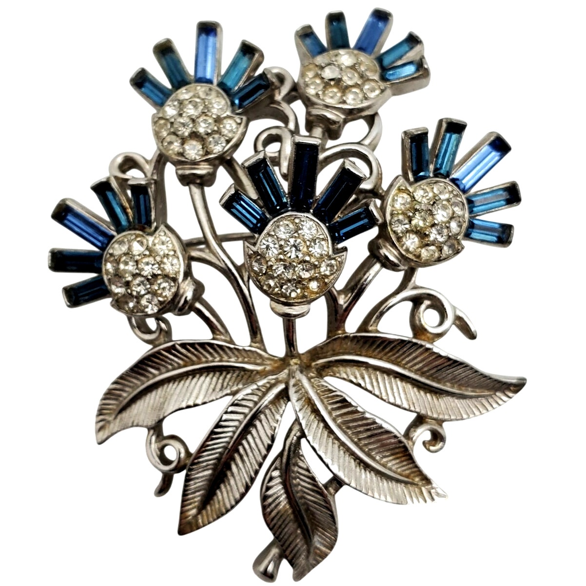 Trifari Radiance Brooch Blue Baguette Trifanium Silver Pin Thistle Bouquet 1950s