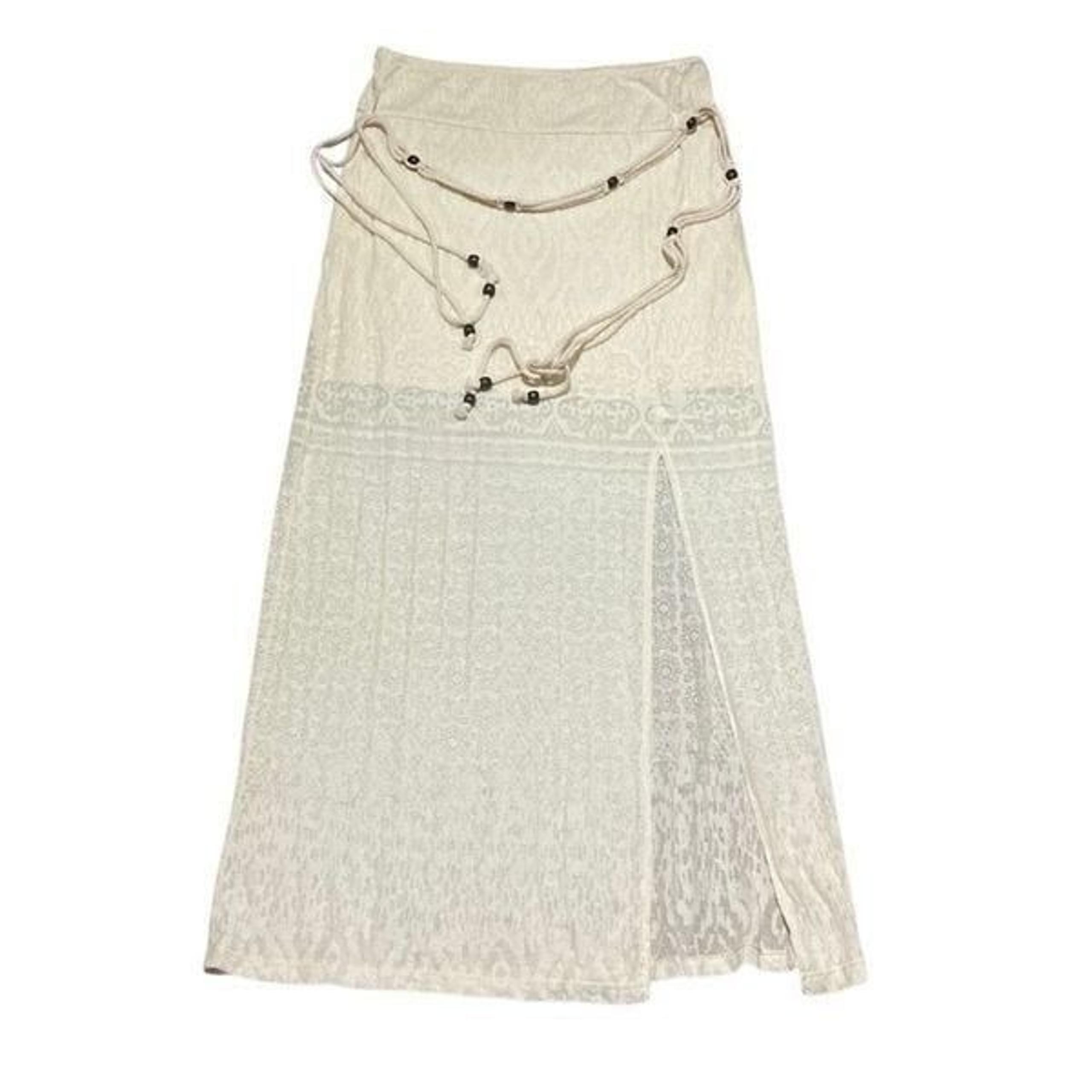 Y2K Testament XS Off White Cream Patterned Bohemian Belted Maxi Skirt Side Slit