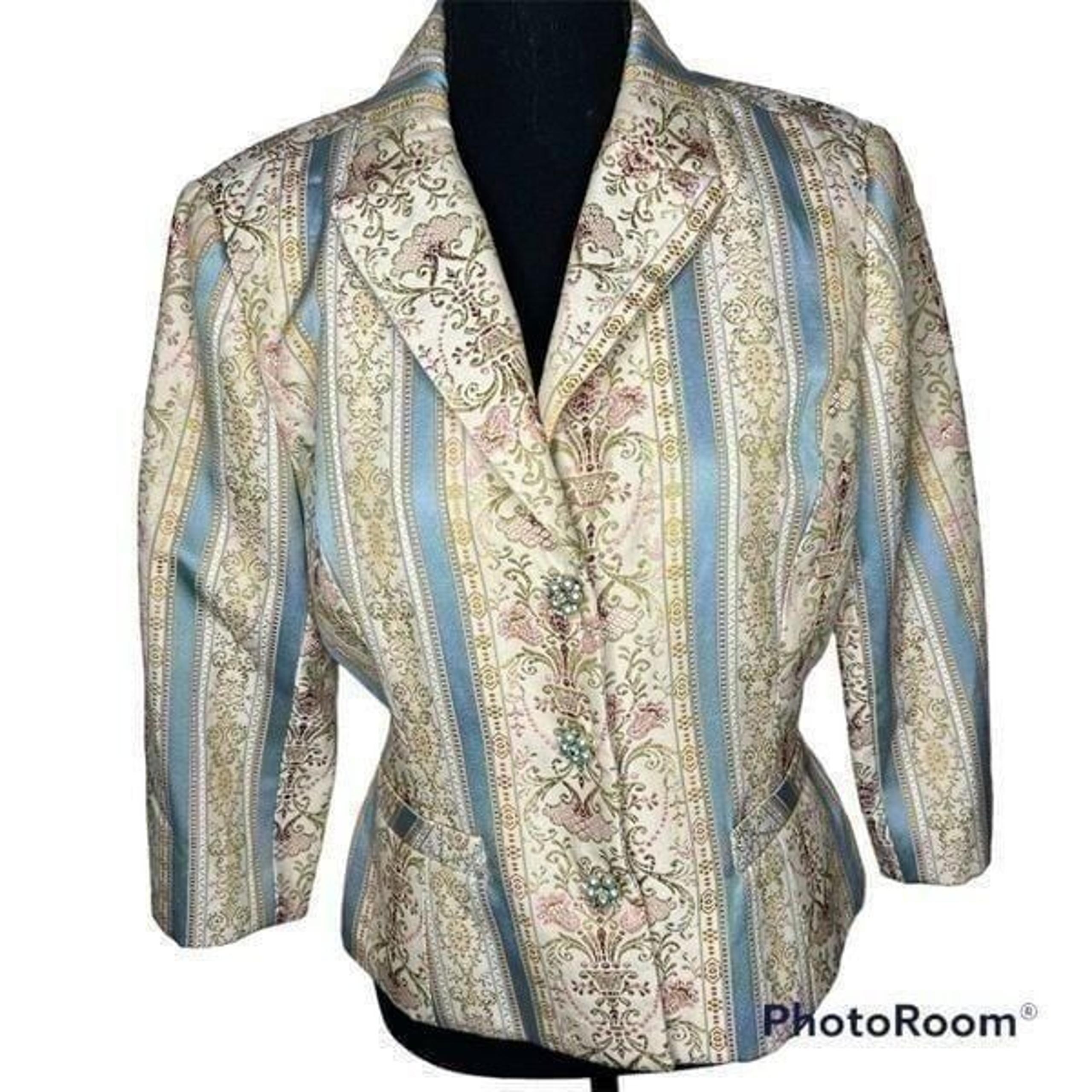 Fundamental Things Crop Blazer Jacquard Cream/Multi-Color Embroidered Print Sz10