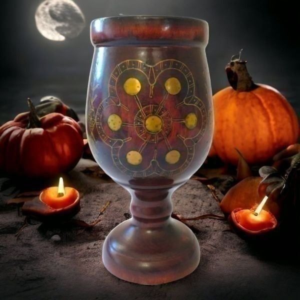 Solid Wood Brass Inlaid Chalice Cup Vintage Hand Turned Centerpiece Vase Russian