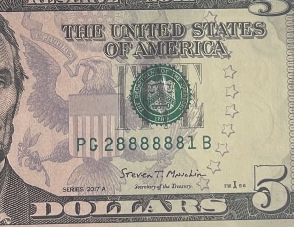 ((6 Of A KIND)) 5 Fancy Serial Number BINARY 6 Of A Kind 28888881 RARE NOTE