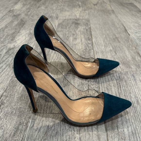 Gianvito Rossi teal velvet plexi 105 heels pumps