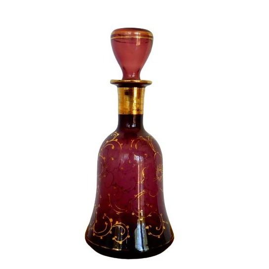 Vtg purple art glass bohemian gold painted decanter with original stopper