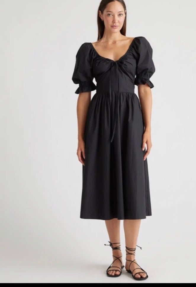 ** READ** Quince 100% Organic Cotton Puff Sleeve Midi Dress black m