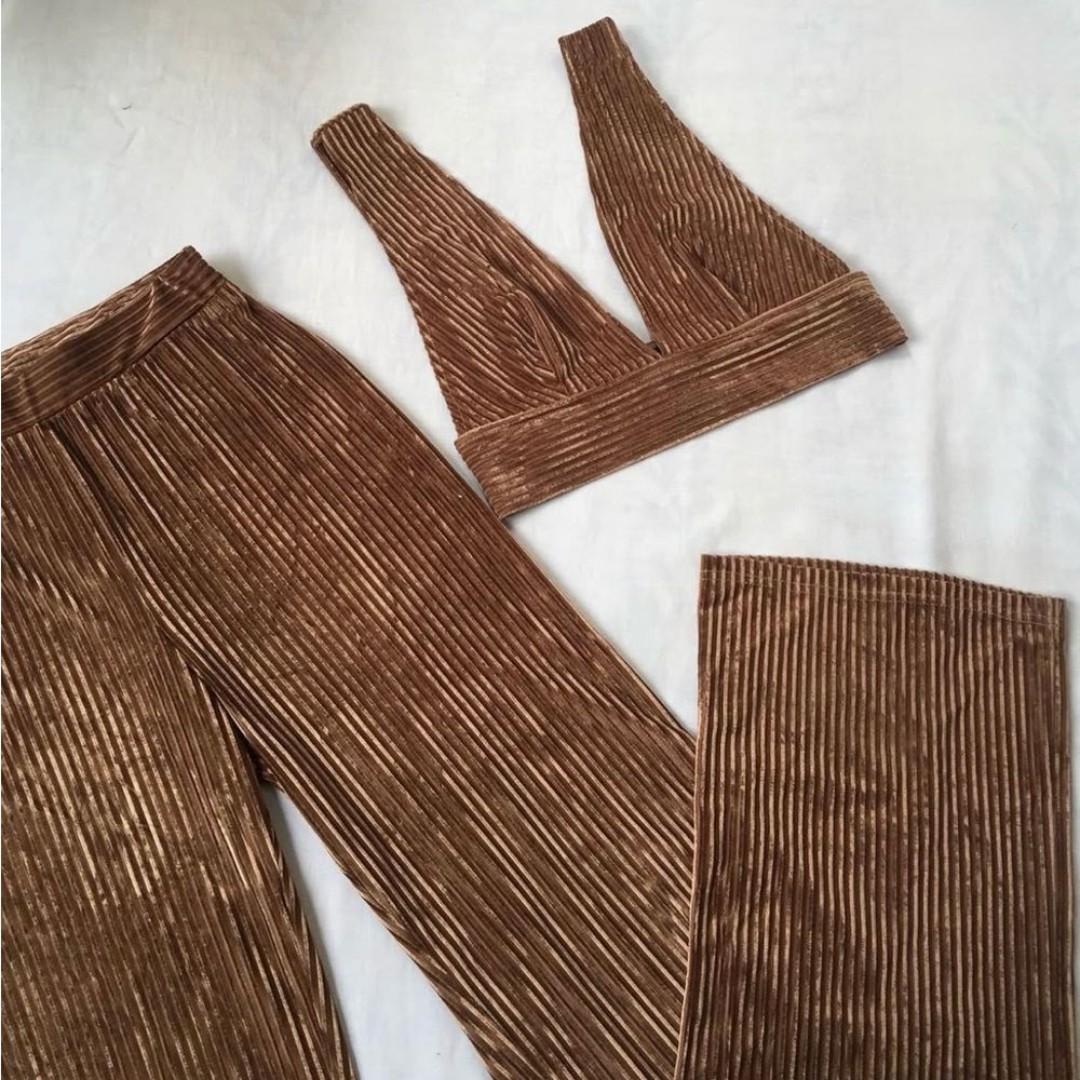 Velvet Brown Ribbed Two Piece Crop Top + Stretchy Pants Lounge Set