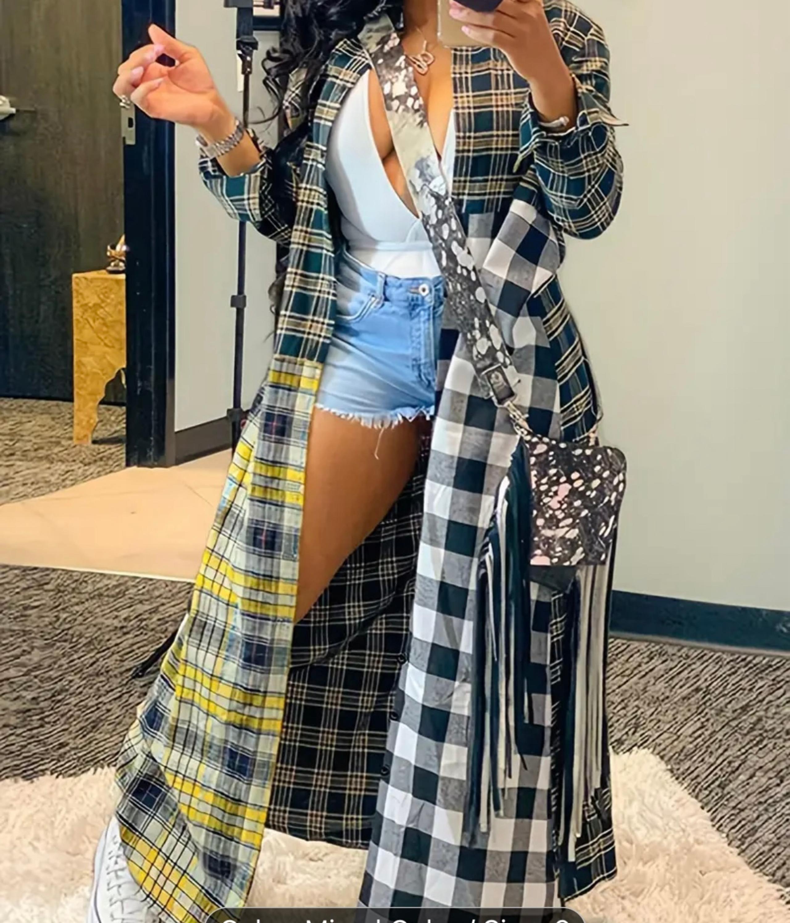 Long Plaid Patchwork Jacket, New