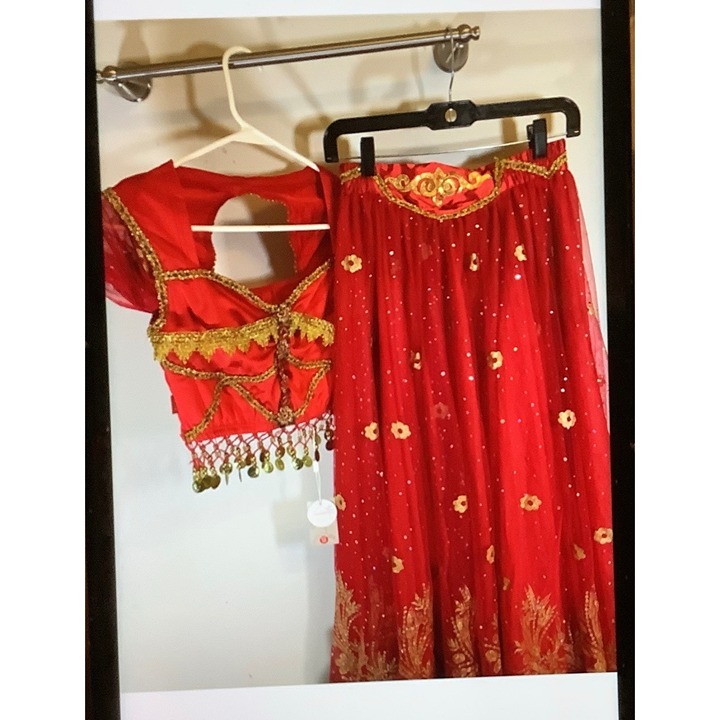 Red & Gold Lehenga Choli Set By Ellydoor M 90% Polyester & 10% Spandex