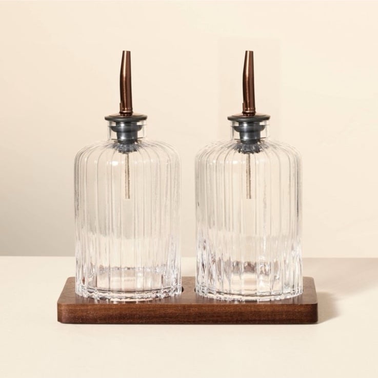 Hearth & Hand Magnolia Oil & Vinegar Ribbed Glass Bottle Set with Wood Base