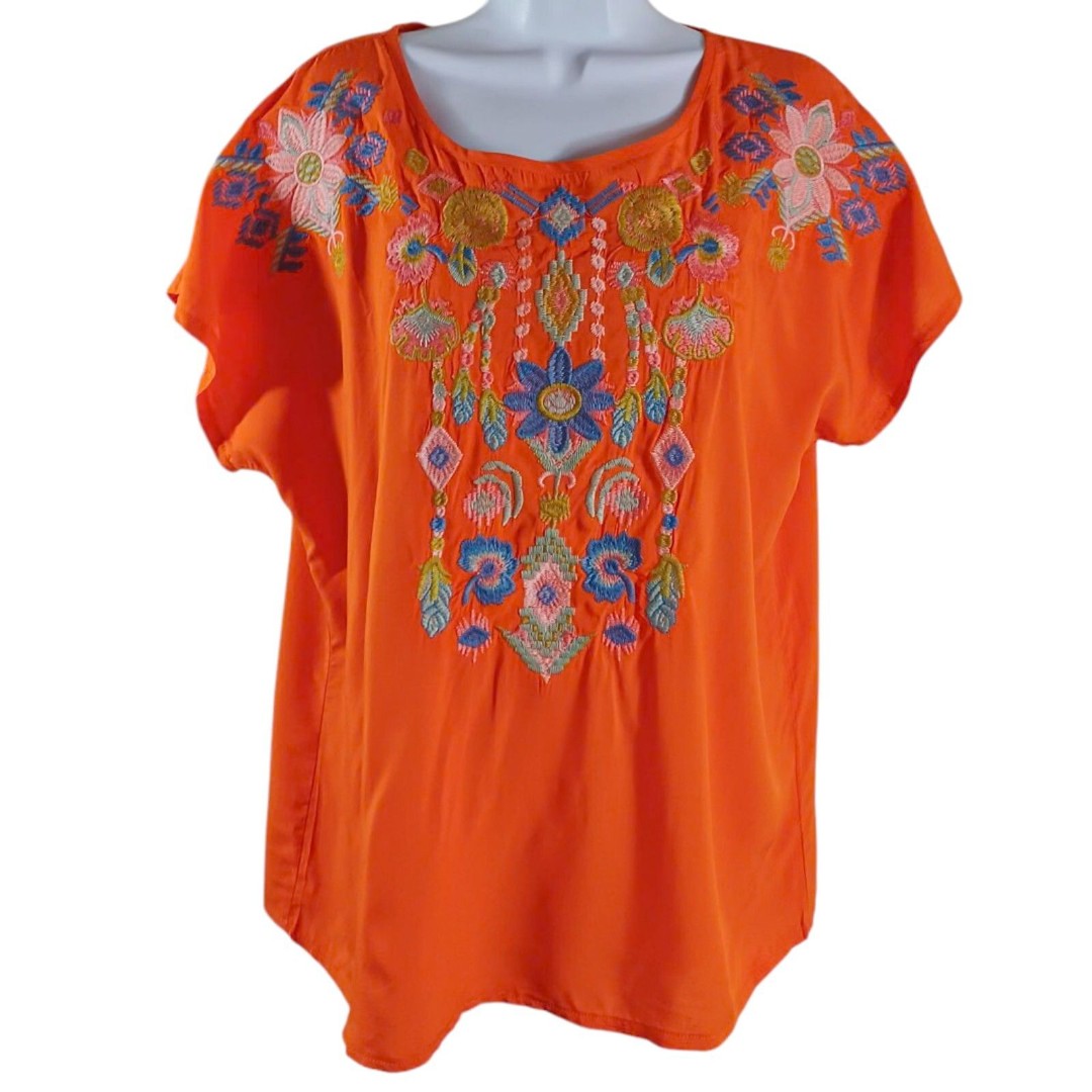 NWT Solitaire Orange Embroidered Top L Boho Floral Festival Blouse Artisan Made