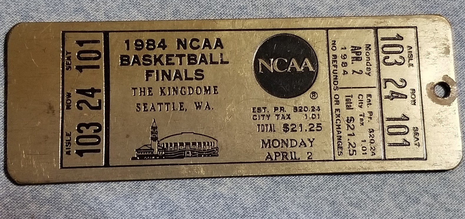 1984 NCAA Basketball Finals Brass Game Ticket Keychain Fob Houston Georgetown