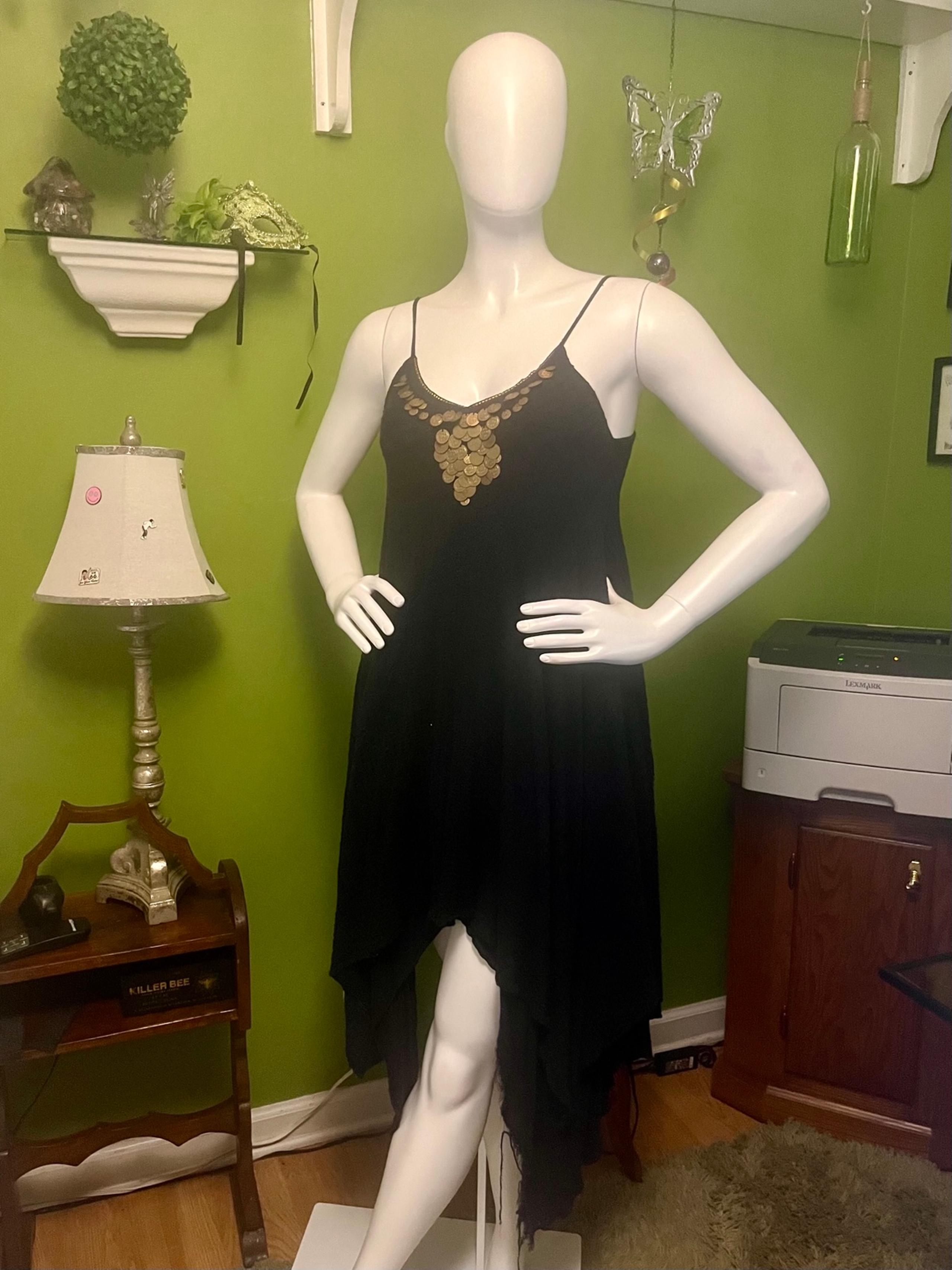 Navy handkerchief dress with gold medallions
