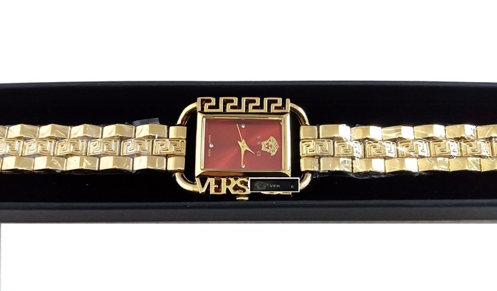 Retro Luxury Red & Gold Rectangular Greek Key/Medusa Designers Watch with Box