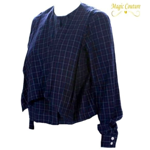 Sea New York Plaid Print Navy Cape Front Blouse