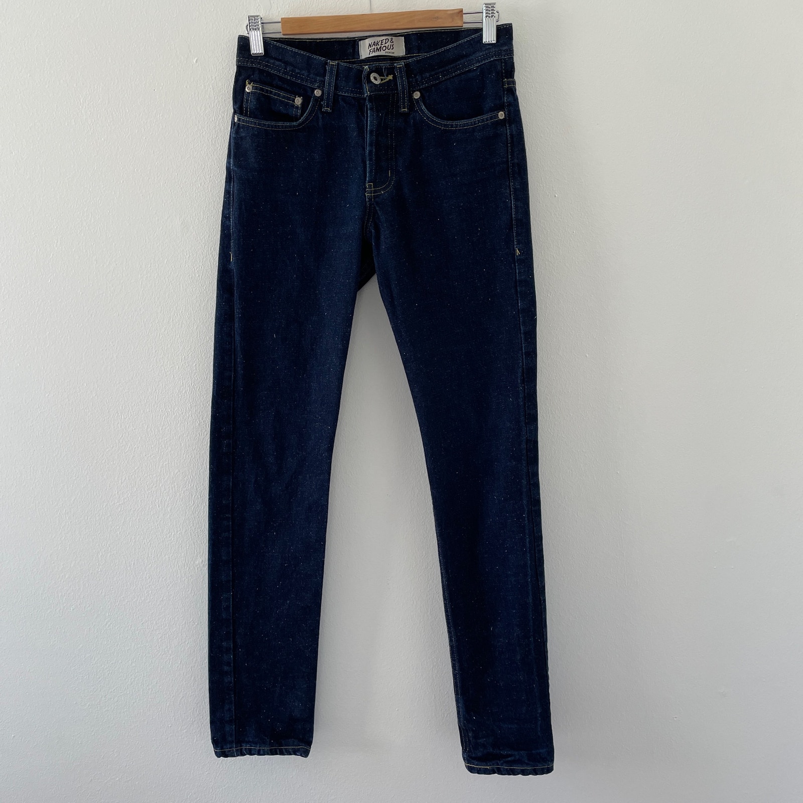 Naked Famous Jeans Size 28 Weird Guy Dry Indigo Raw Button Fly Speckled Button