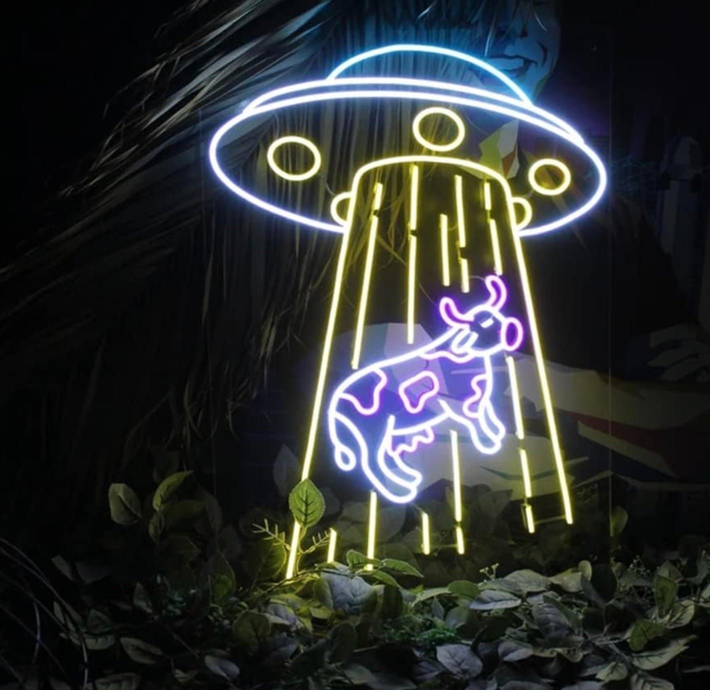 Fun Bright Large Alien UFO Abducting a Cow LED Night Light Room Wall Decor