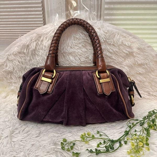 BANANA REPUBLIC Purple Suede Braided Leather Handle Zip Top Satchel Hand Bag
