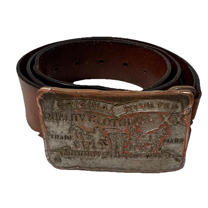 Levi Strauss Leather Belt And Belt Buckle Two Horse Vintage Belt Size 41-44” USA
