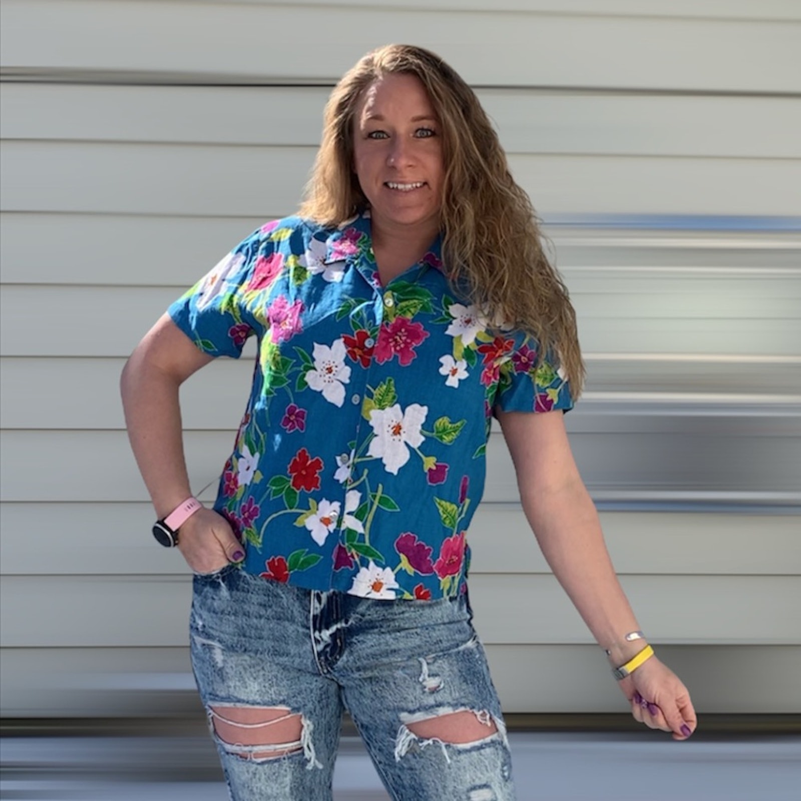 Vintage 90s Carole Little blue tropical floral linen blouse