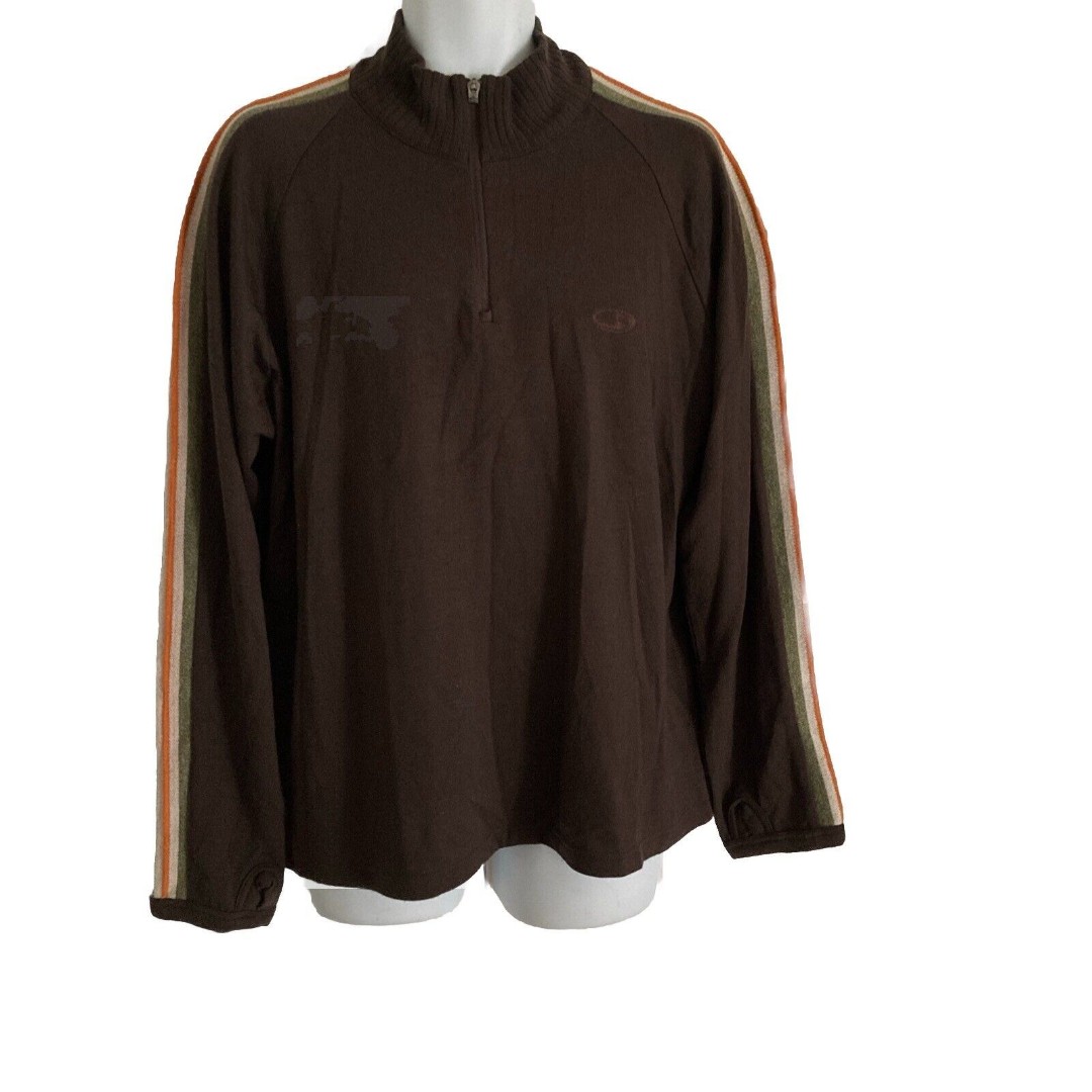 Icebreaker Sport LTD Merino Wool Sweater Mens XL Brown Striped 1/4 Zip Vintage