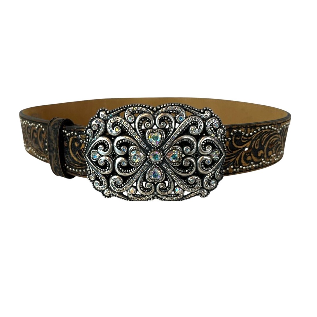 Tony Lama Western Tooled Leather Studded Belt 30 Rhinestone Decorative Buckle