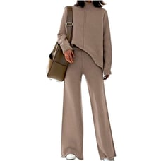 Coordinating 2 Piece Set Sweater Knit Wide Leg Pants Lounge Taupe Women Size XL