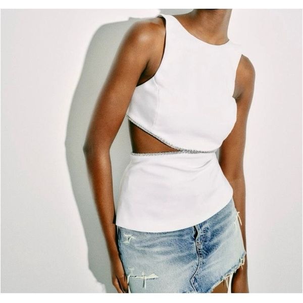 Zara women’s NWT white draw silver embellished corset top XS