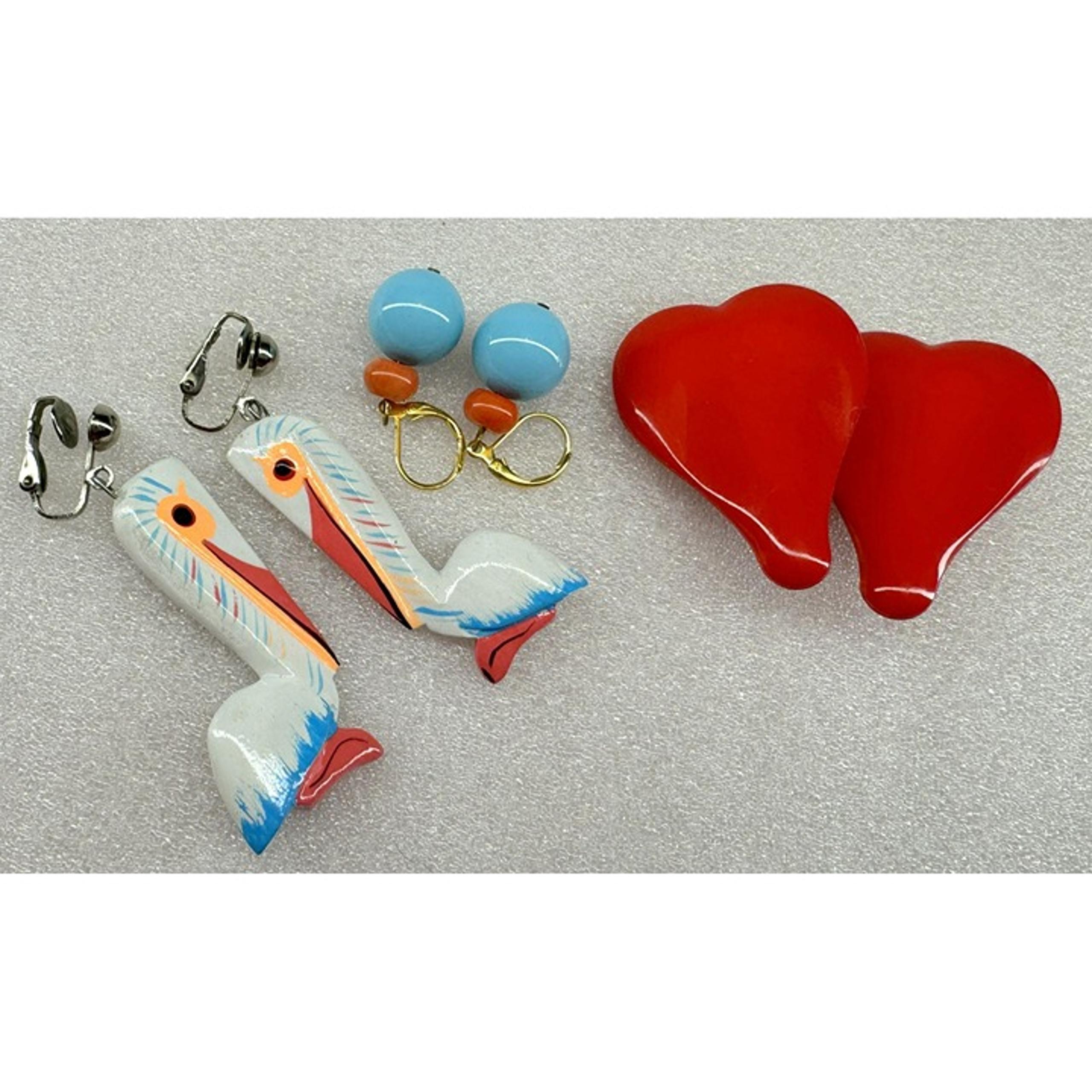 Vtg Clip On Earrings Set Pelican Heart Blue Bead Retro Jewelry Y2K Mixed Lot